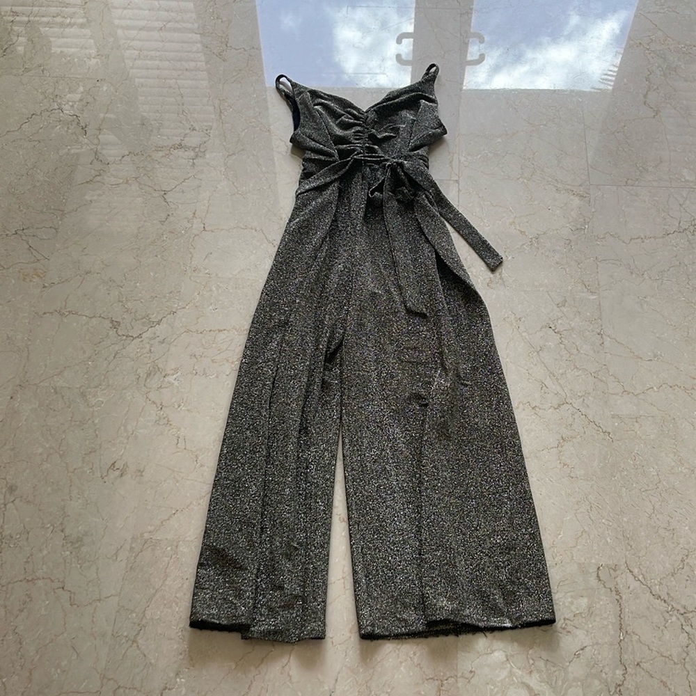 Forever 21 Glitter Long Pant Flare Jumpsuit with Fringed Top Detail